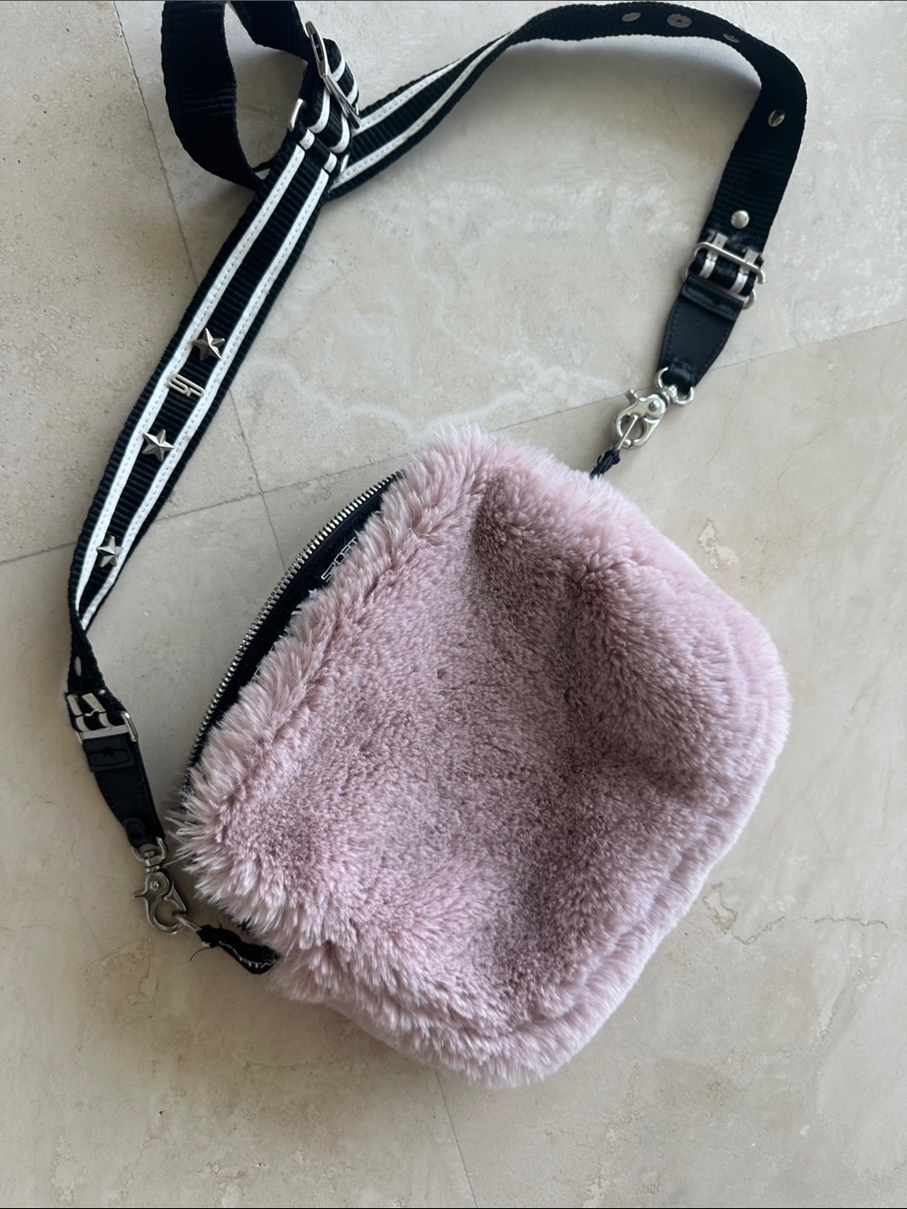 Sportalm Blush Pink Faux Fur Crossbody with Black & White Star Strap